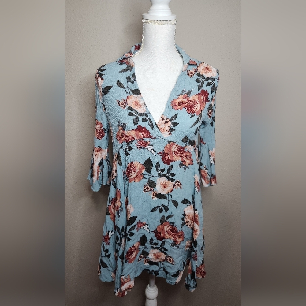 Umgee Blue Floral Tunic Top Small